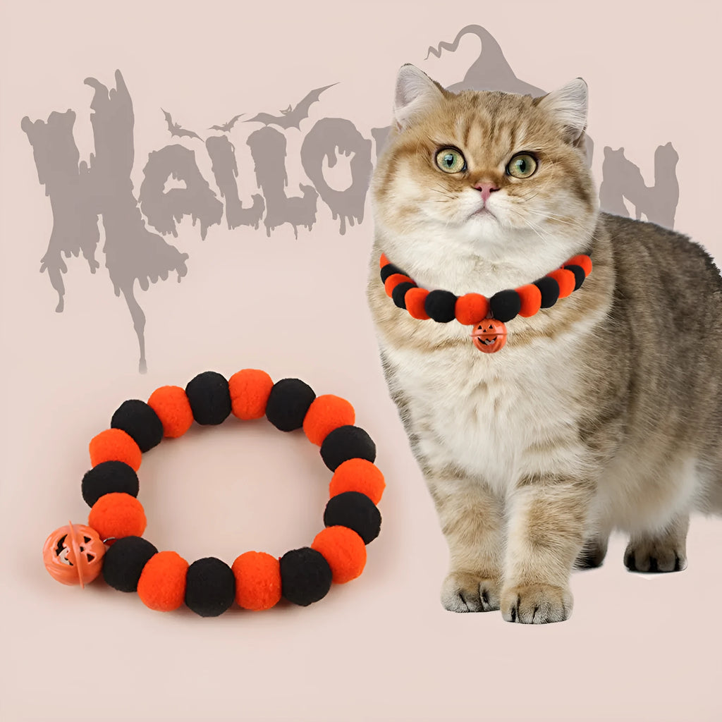 Halloween cat collar with naughty pumpkin design on adjustable nylon webbing in three sizes