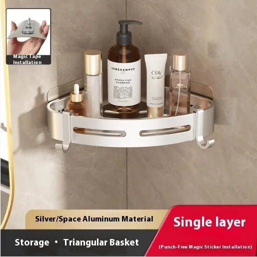 Gun grey punch-free bathroom corner storage rack with triangle basket mounted on wall.
