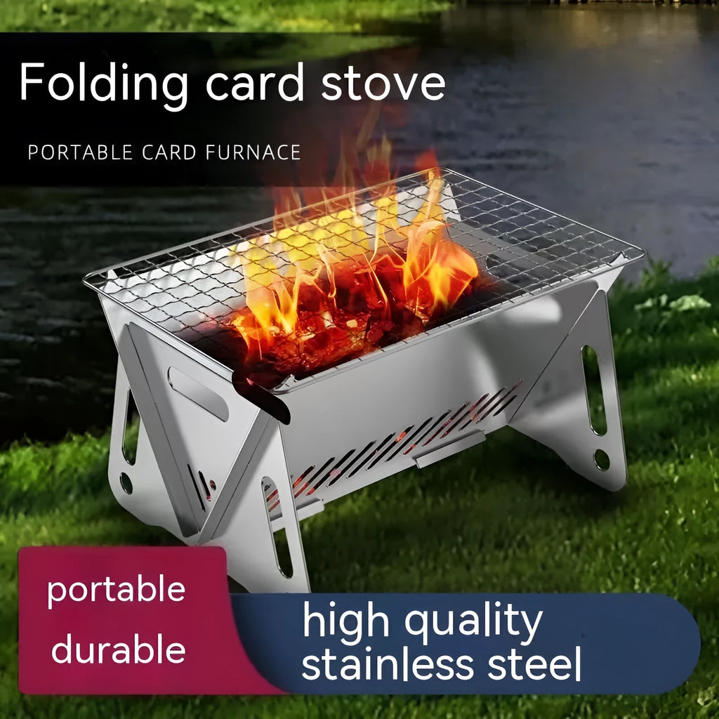 Large foldable stainless steel barbecue oven with storage bag, set up for outdoor use.