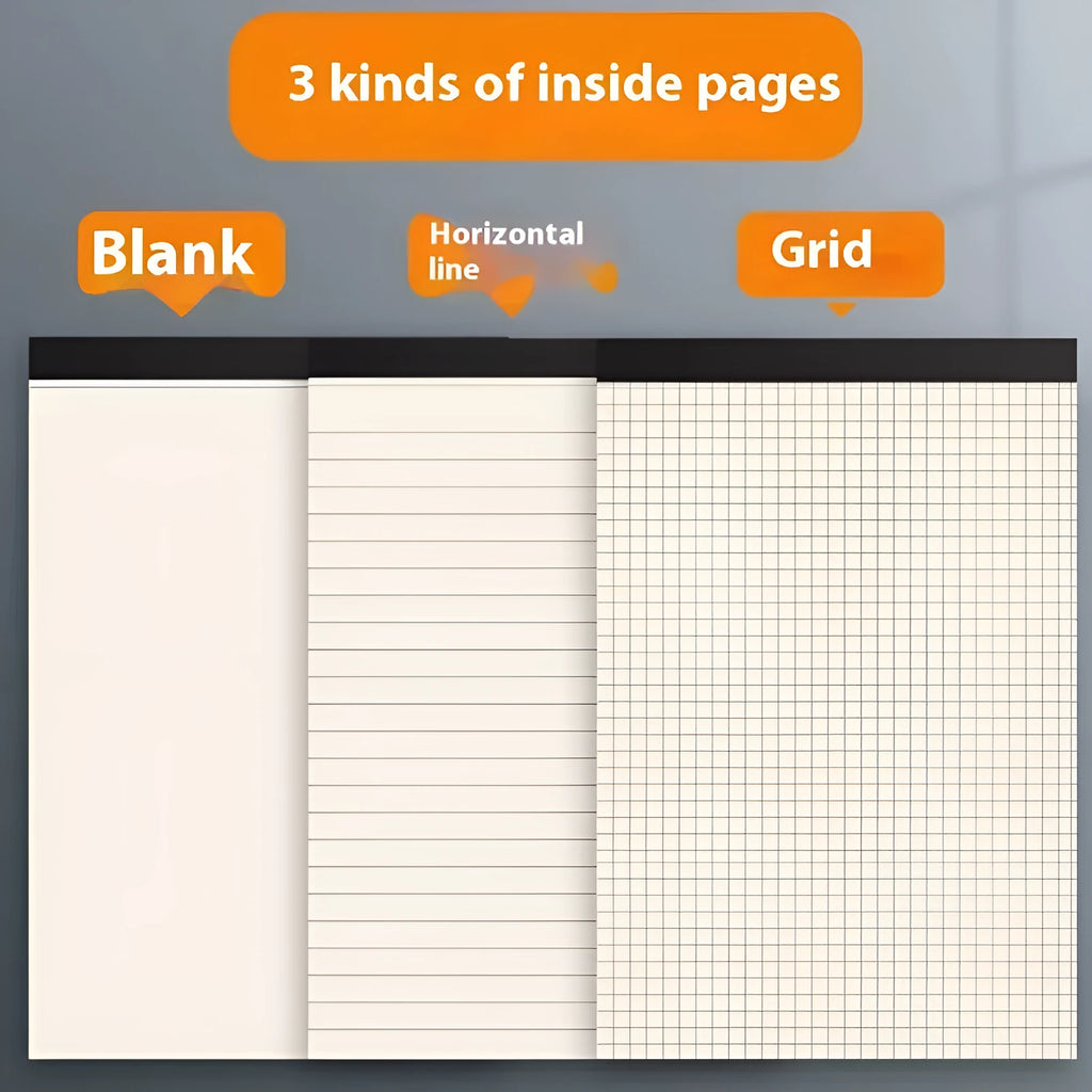 A5 and B5 writing pads notebook with tear-away pages in grid, lined, and blank paper styles.
