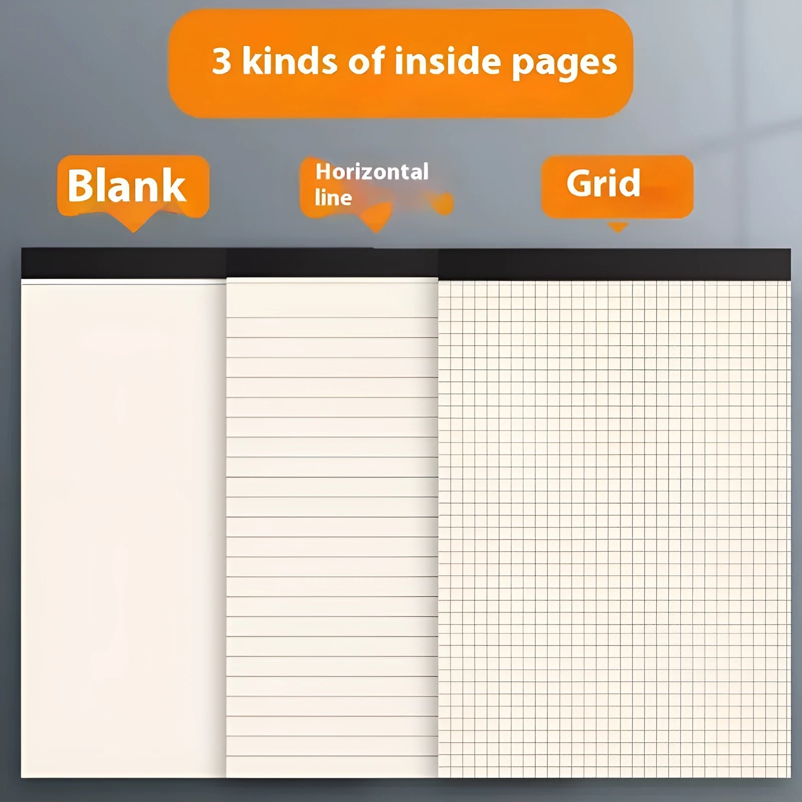 A5 and B5 writing pads notebook with tear-away pages in grid, lined, and blank paper styles.