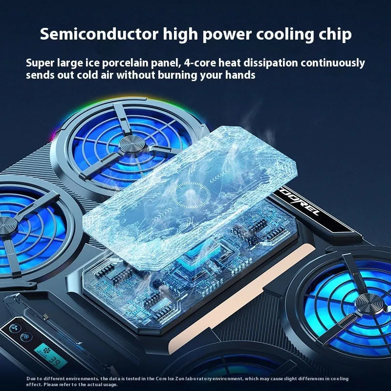 Black laptop cooler with 4-core fan, semiconductor cooling, RGB lighting, 410 x 296 x 40 mm, 1 m cable
