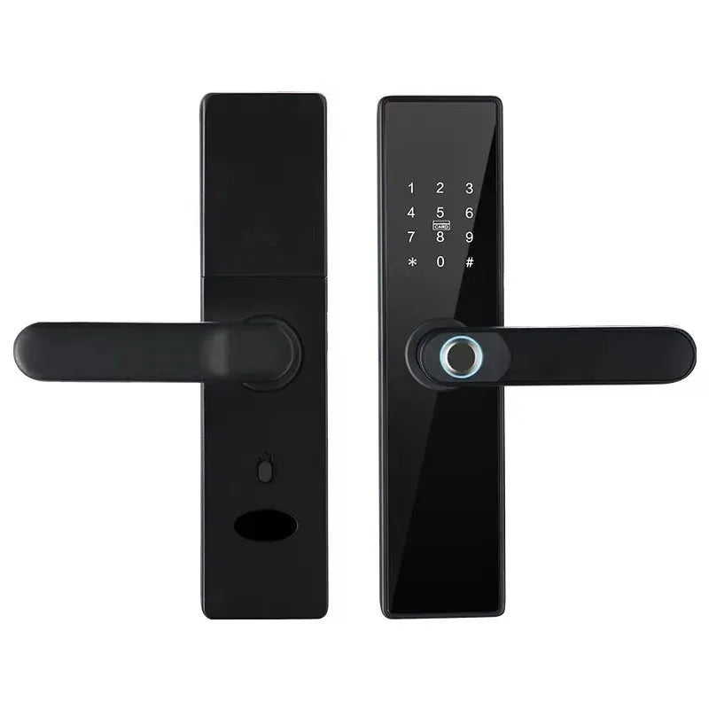 Alloy wooden door fingerprint lock in black finish with fingerprint scanner area visible