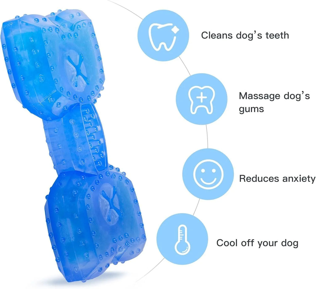 A durable bone-shaped and circle-shaped dog cooling chew toy on a blue background.