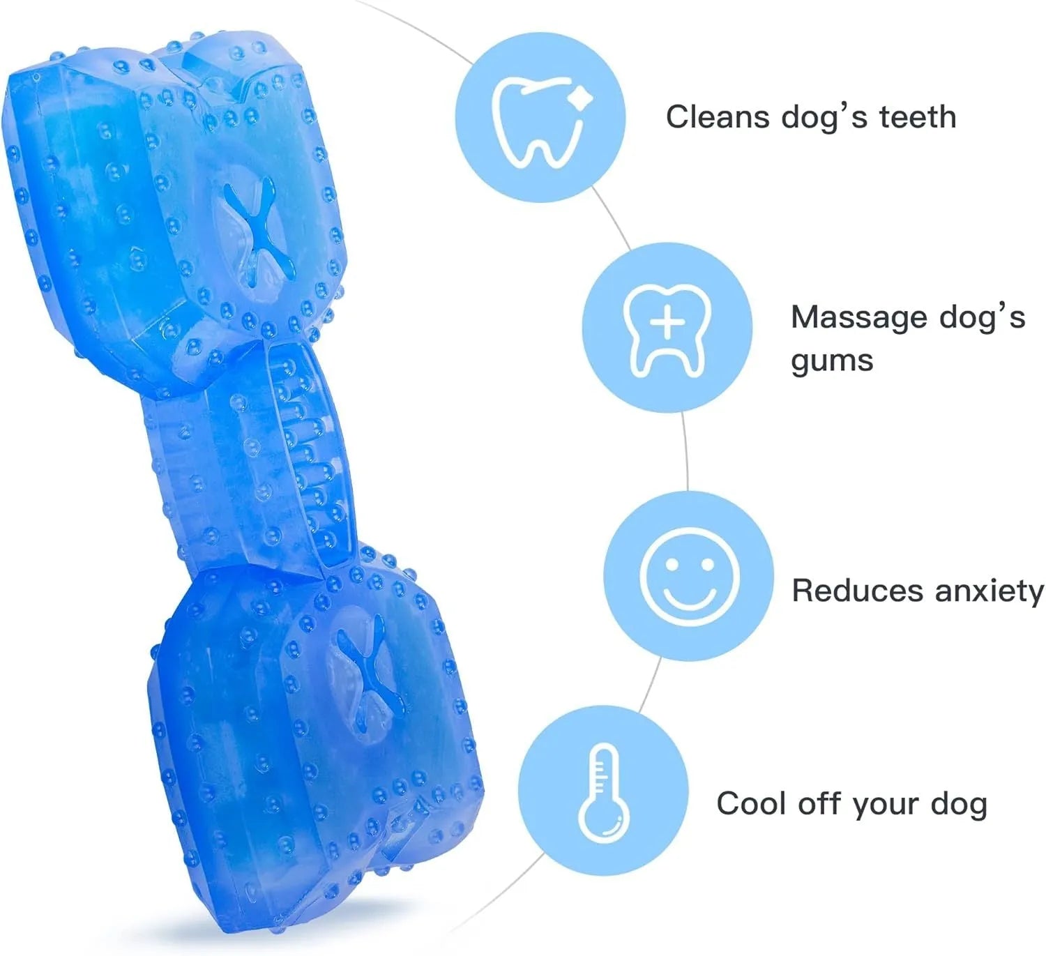 A durable bone-shaped and circle-shaped dog cooling chew toy on a blue background.