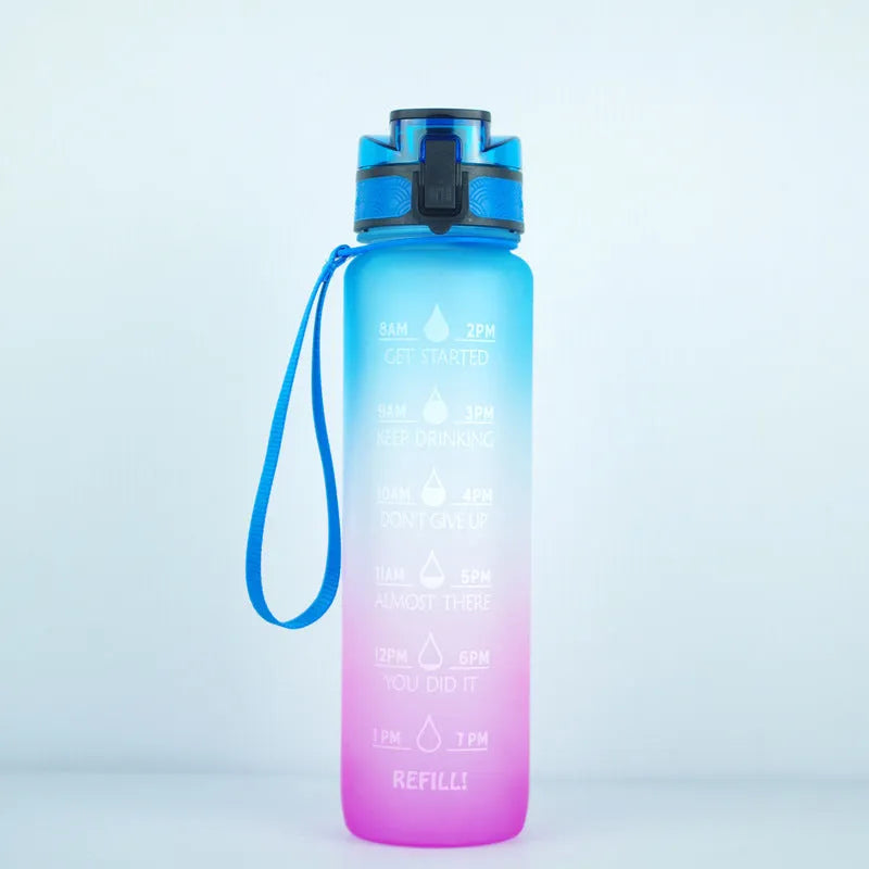 Clear 1000ml sports water bottle with infuser, showing BPA-free Tritan plastic construction.