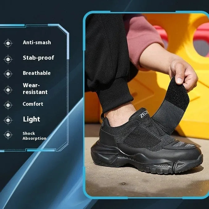 Black safety shoes with steel toe cap and anti-puncture sole, showing woven mesh fabric and TPU upper construction