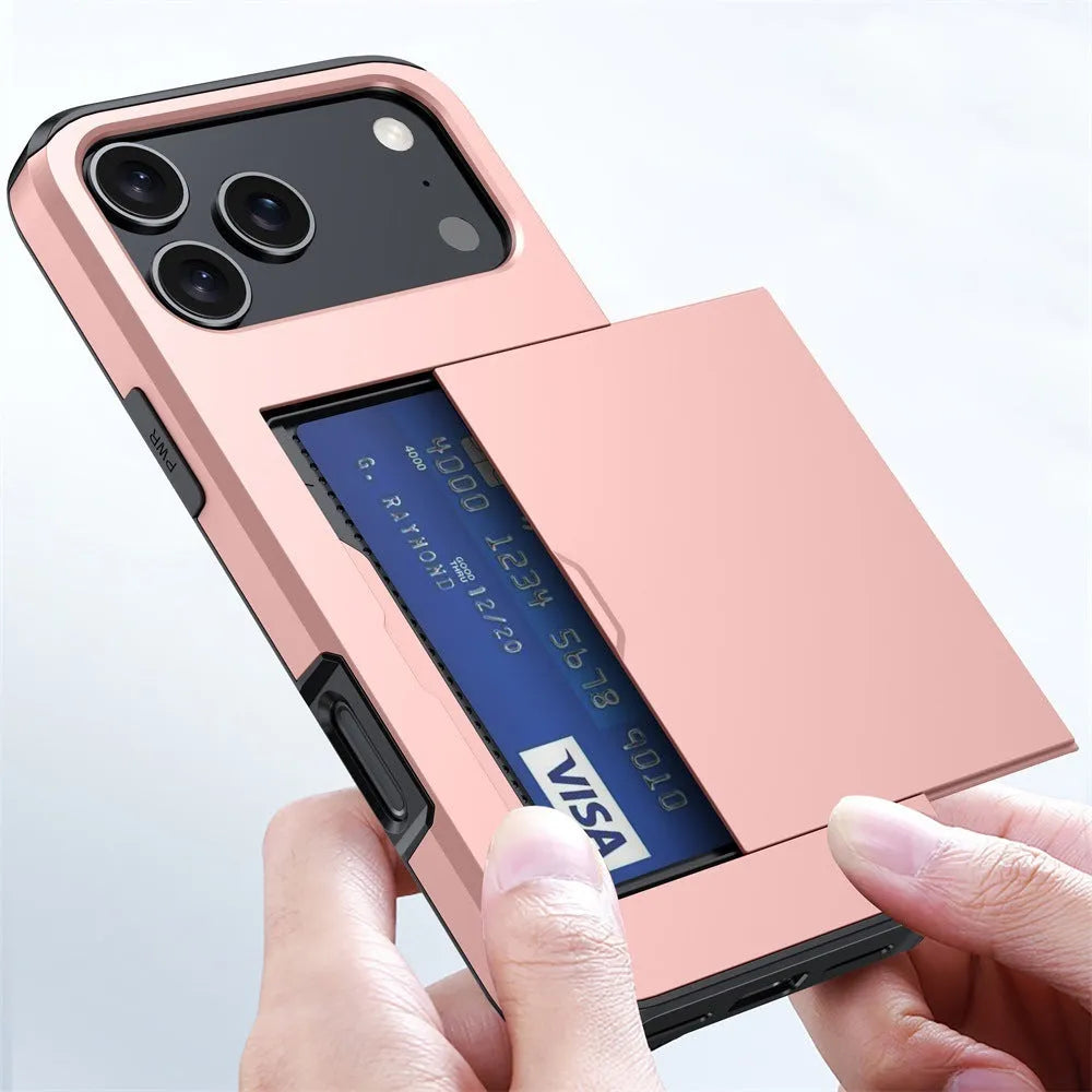 Army Green iPhone case with a built-in sliding card slot, showing front and back views.