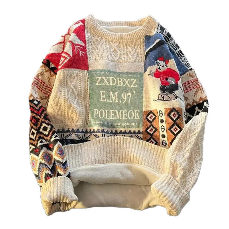 Men's winter fleece-lined cotton blend sweater pullover in blue, loose fit, velvet thickening option