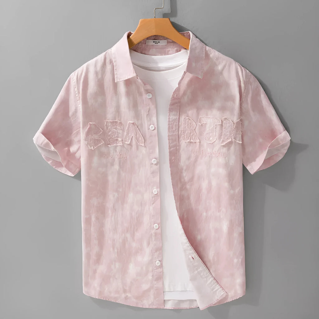 Mens grey white hanging dyed print short sleeve cotton cardigan on hanger