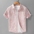 Mens grey white hanging dyed print short sleeve cotton cardigan on hanger