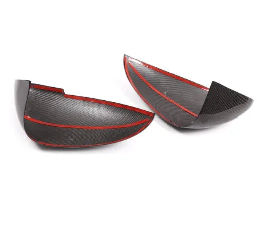 Carbon fibre Porsche Macan mirror covers showing woven pattern and precise dimensions for 14-22 model year fitment