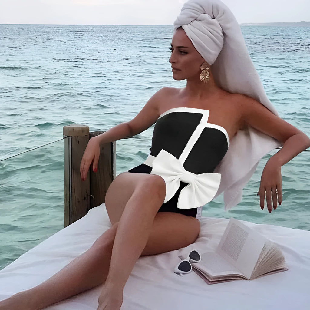 Black and white colour-block one-piece swimsuit with asymmetrical bow and irregular tube top for women