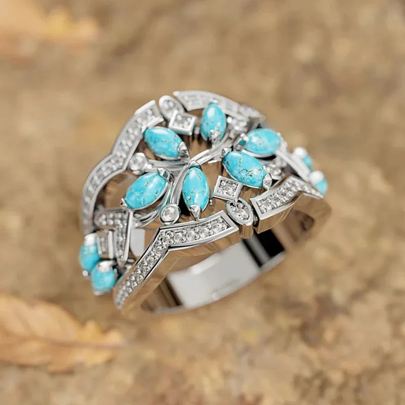 Japanese Korean ethnic style ring for women with inlaid zircon white gold colour copper geometric retro design