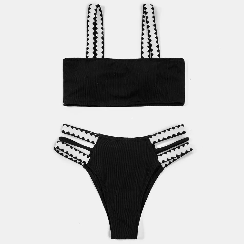Black women's hollowed-out split swimsuit briefs style polyester swimming costume