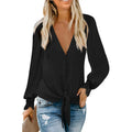 V-neck loose top with hem lace-up detail in solid colour polyester fabric