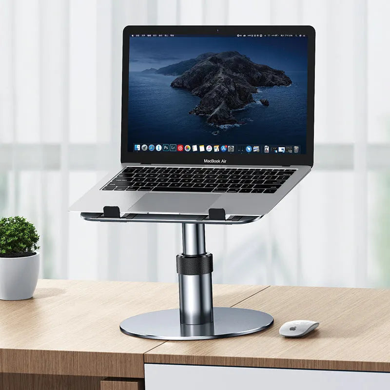 Silver aluminium car laptop stand with adjustable height and rotating base
