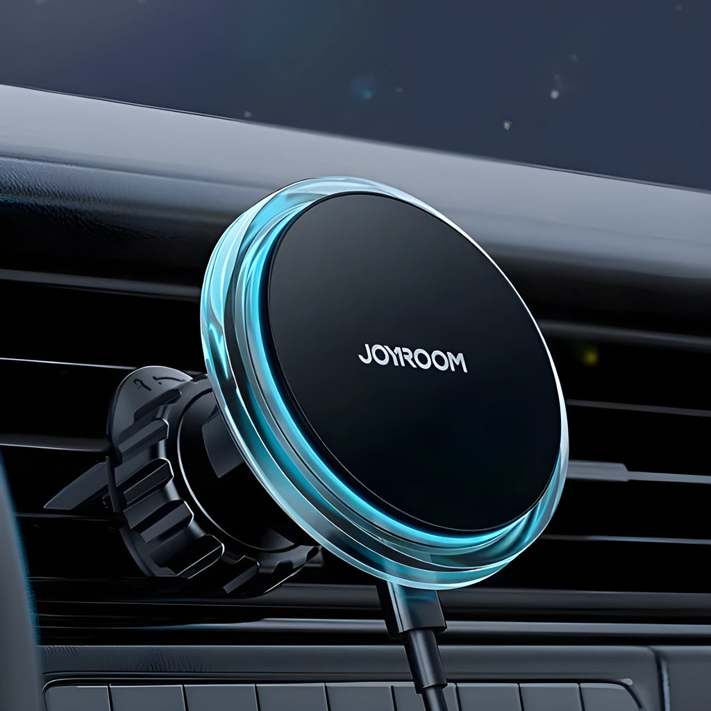 Black magnetic wireless charging car air vent phone stand showing 15W fast charging capability