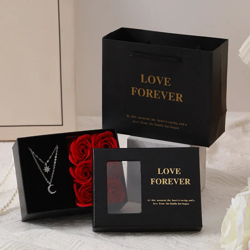 Korean style red soap flower gift set with six artificial roses in a jewellery box.