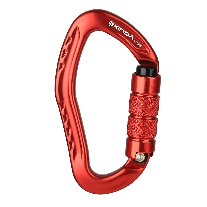 Automatic lock climbing carabiner in multiple colours: black, blue, orange, red, and silver