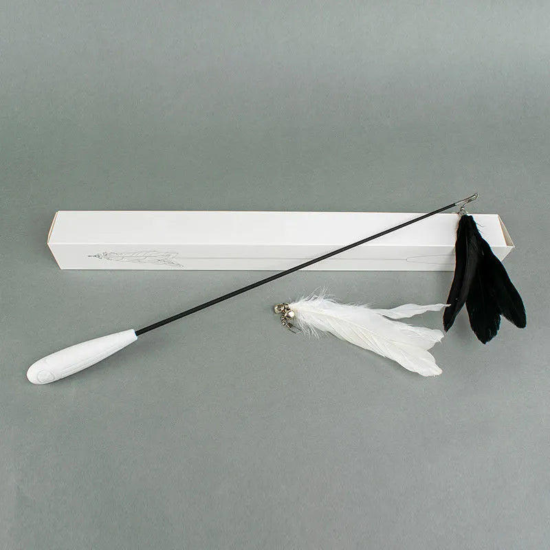 Telescopic cat fishing rod toy with goose feather attachments and a removable bell, shown extended and collapsed.