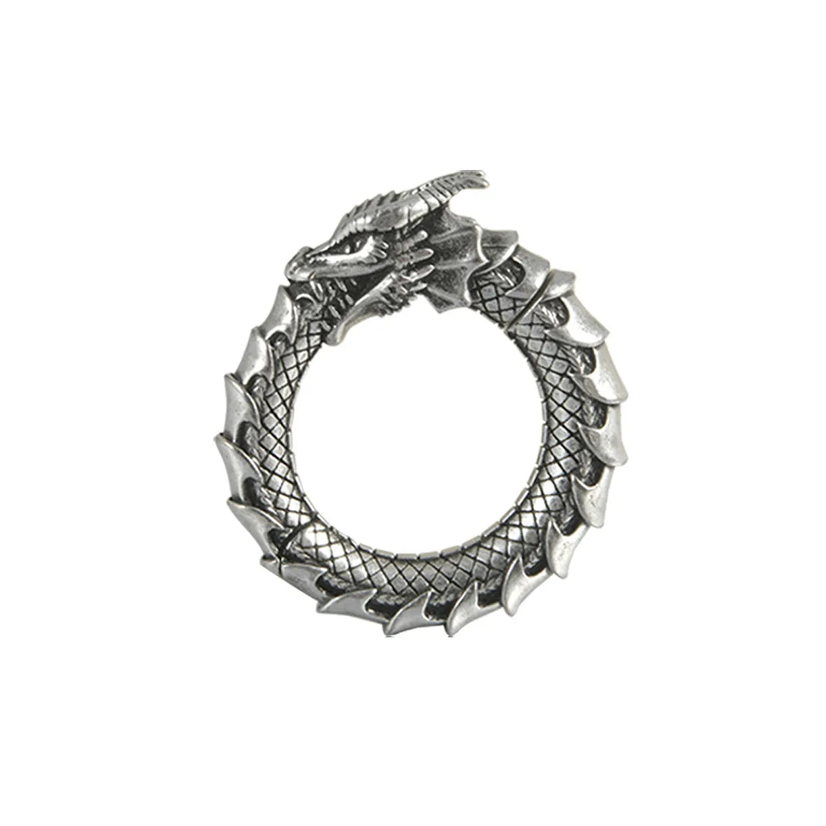 Large geometric dragon-shaped earrings in antique silver stainless steel alloy.