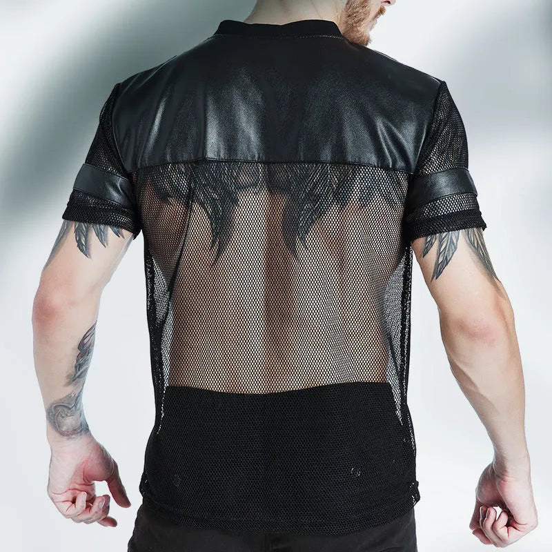 Men's black mesh V-neck sports t-shirt showing stitching construction detail