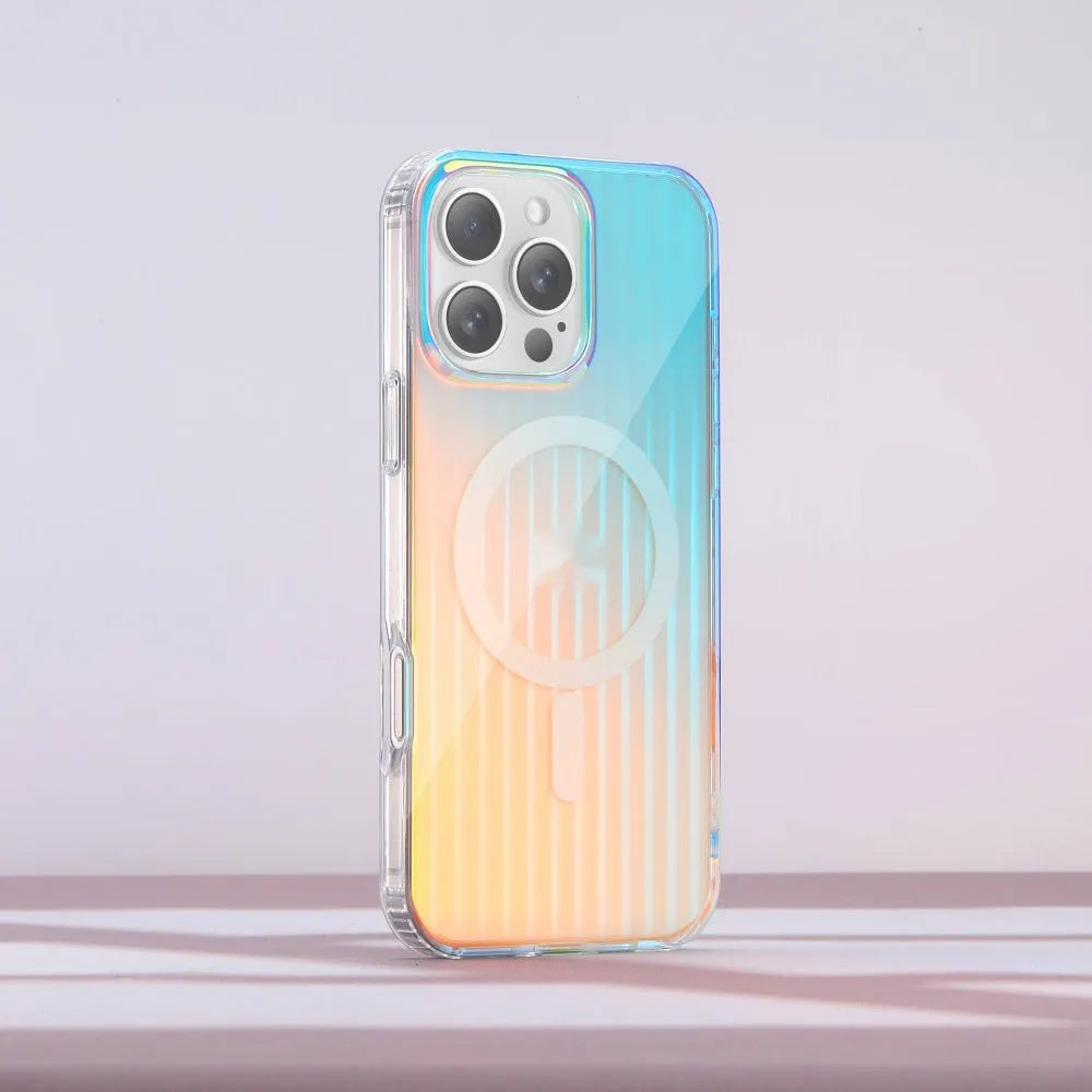 Glossy colour-changing iPhone protective case shown on an iPhone, highlighting chameleon finish and magnetic compatibility