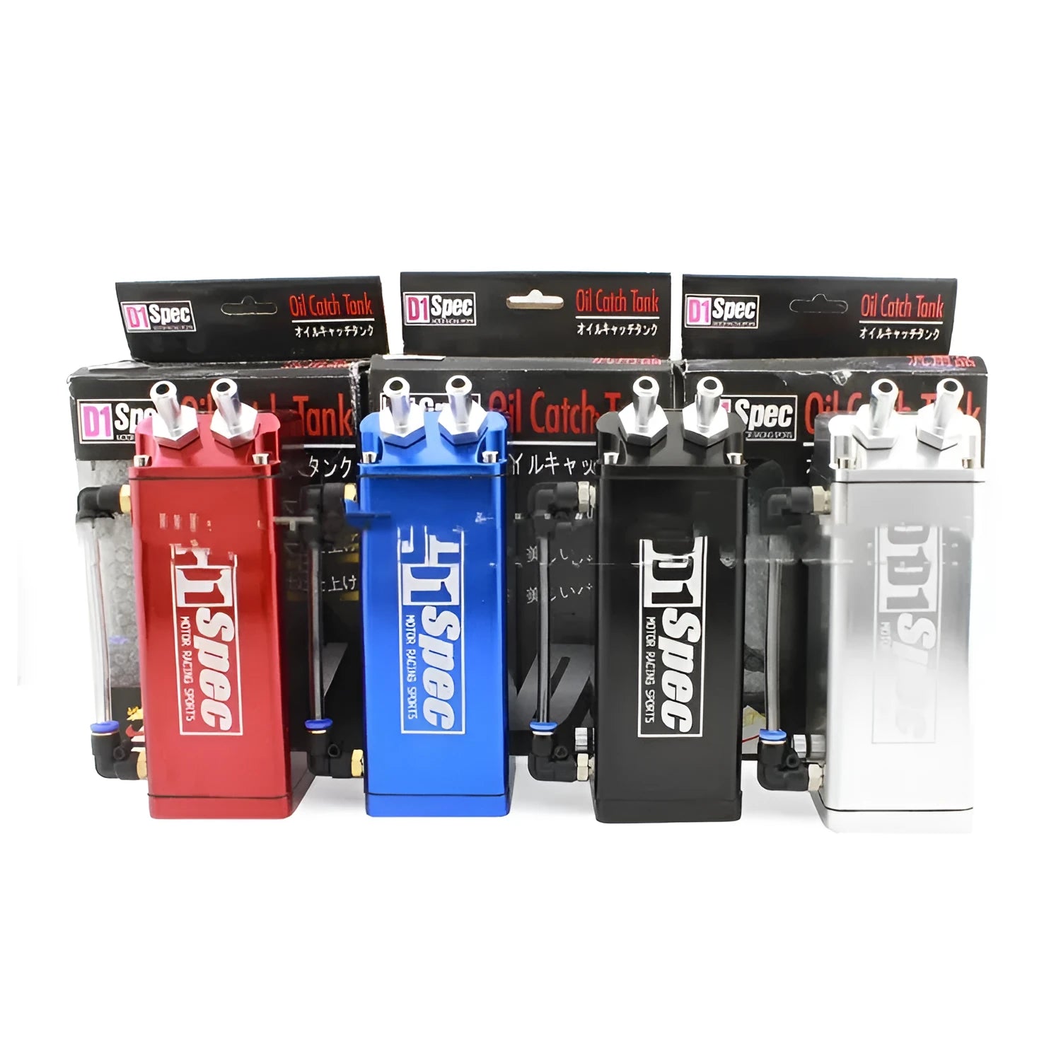 Oil catch can for car modification in choice of black, red, silver, or blue, showing round and square model options.