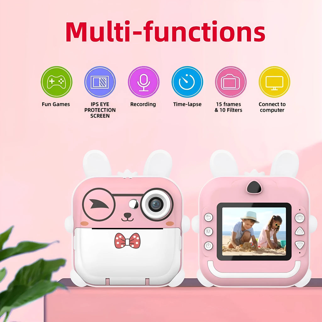 Q5 Polaroid children's digital cartoon camera in pink rabbit design with lanyard and stickers