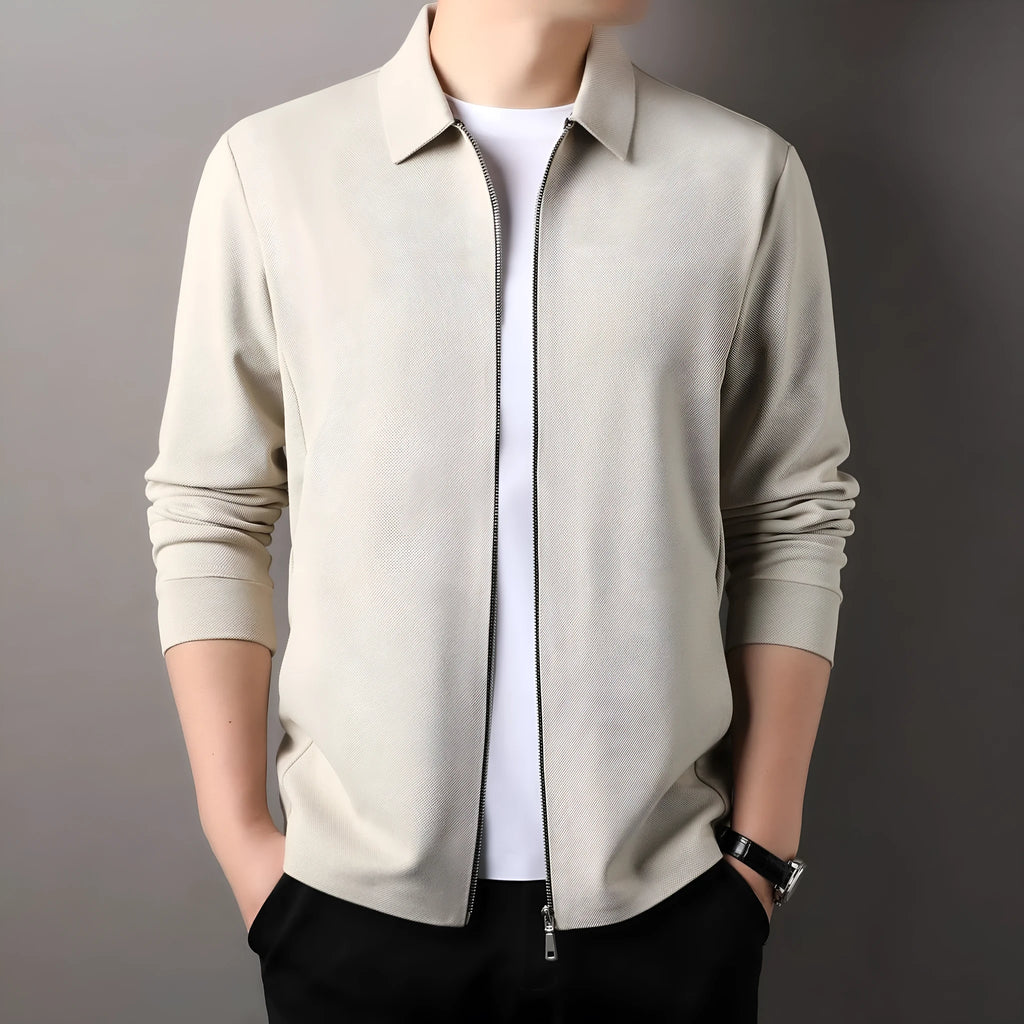 Men's straight hem business-casual jacket in black, dark gray, or apricot polyester.