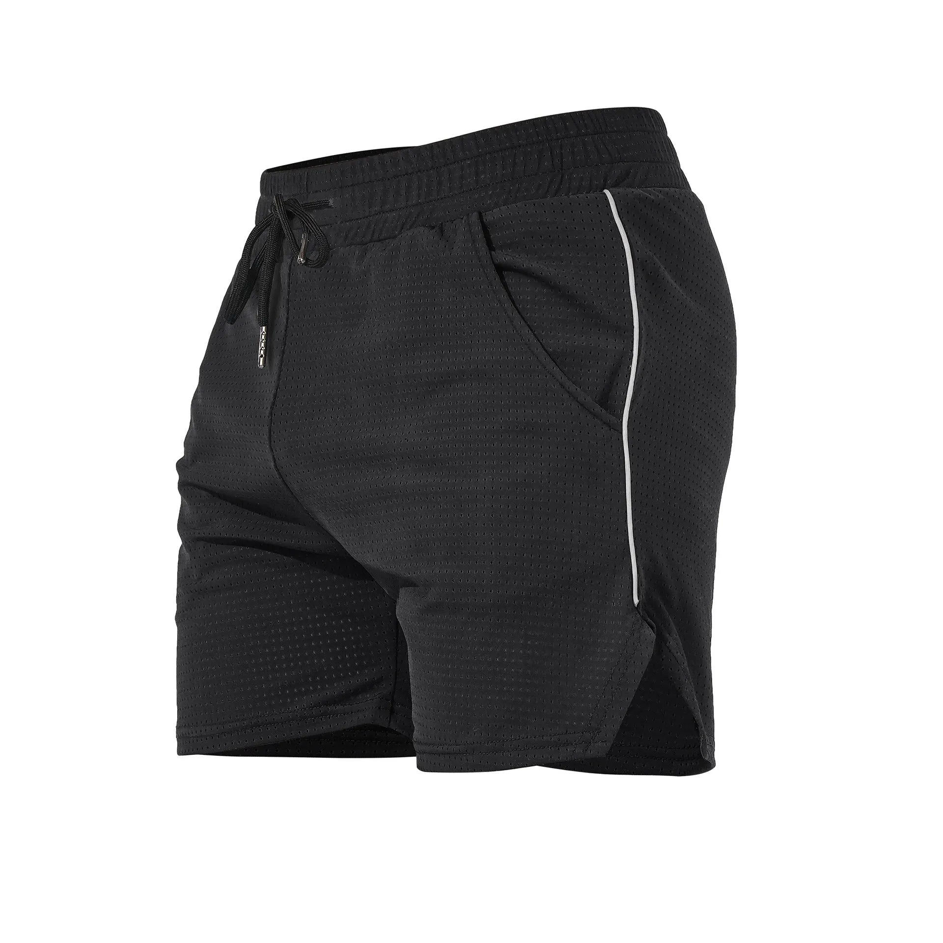 Men's black polyester casual sports shorts with a straight cut, shown laid flat.
