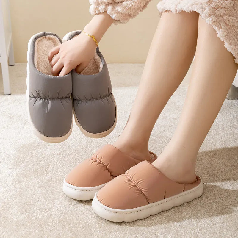 Down cotton slippers with artificial leather upper and rubber sole in blue colour