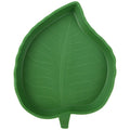 Two leaf-shaped reptile food and water bowls in green, large and small, on a white background.