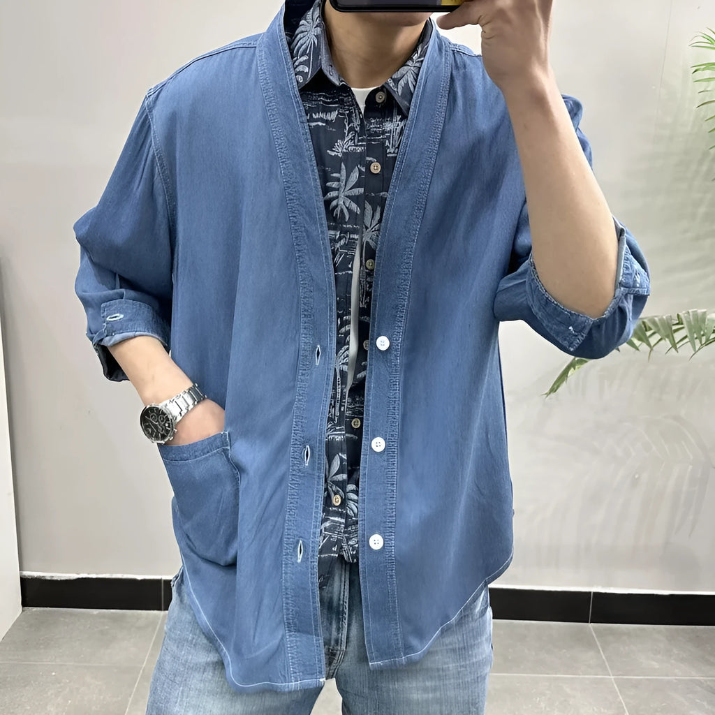 Men's dark blue three-quarter sleeve denim coat with V-neck collar and side pockets
