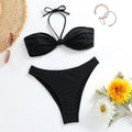 Black polyester women's bikini set with lace-up tube top and matching briefs