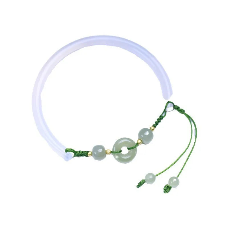 Hand-woven white agate bracelet with Hetian jade beads and peace buckle closure