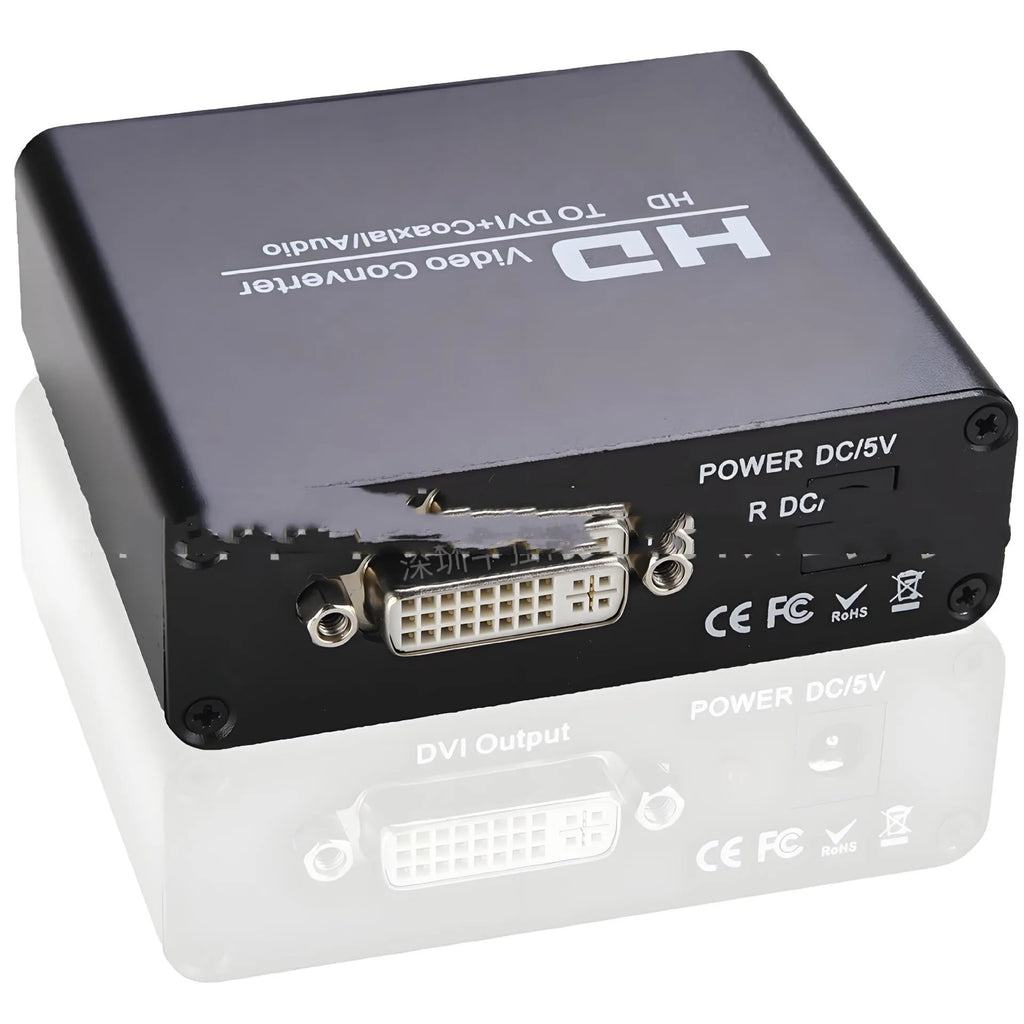 Black HDMI to DVI video converter with coaxial audio output and a 1.5-metre long cable