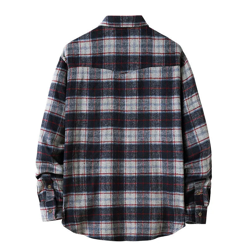Men's long sleeve flannel plaid shirt jacket in loose fit, brushed material with corduroy collar and cuffs, black colour