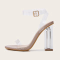 Apricot women's high heel sandals with a clear glass heel and buckle fastening.