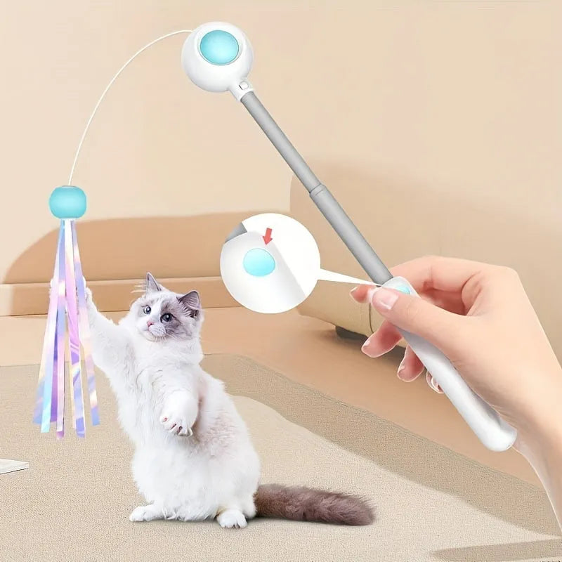 Retractable cat teaser stick with replacement feather head, 85g, available in blue or pink