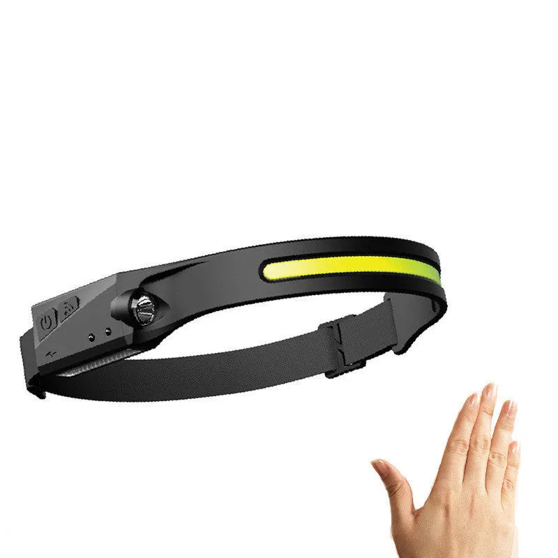 Black silicone USB rechargeable headlamp with side wave sensor and dual LED lights for wide and long-distance illumination.