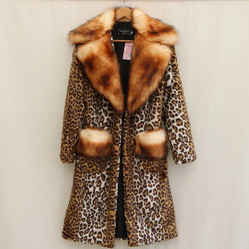 Women's long leopard print artificial fur jacket on a hanger.