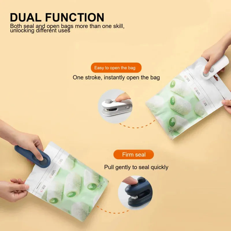 White handheld vacuum sealing machine with USB charging port and magnetic back for chip bags