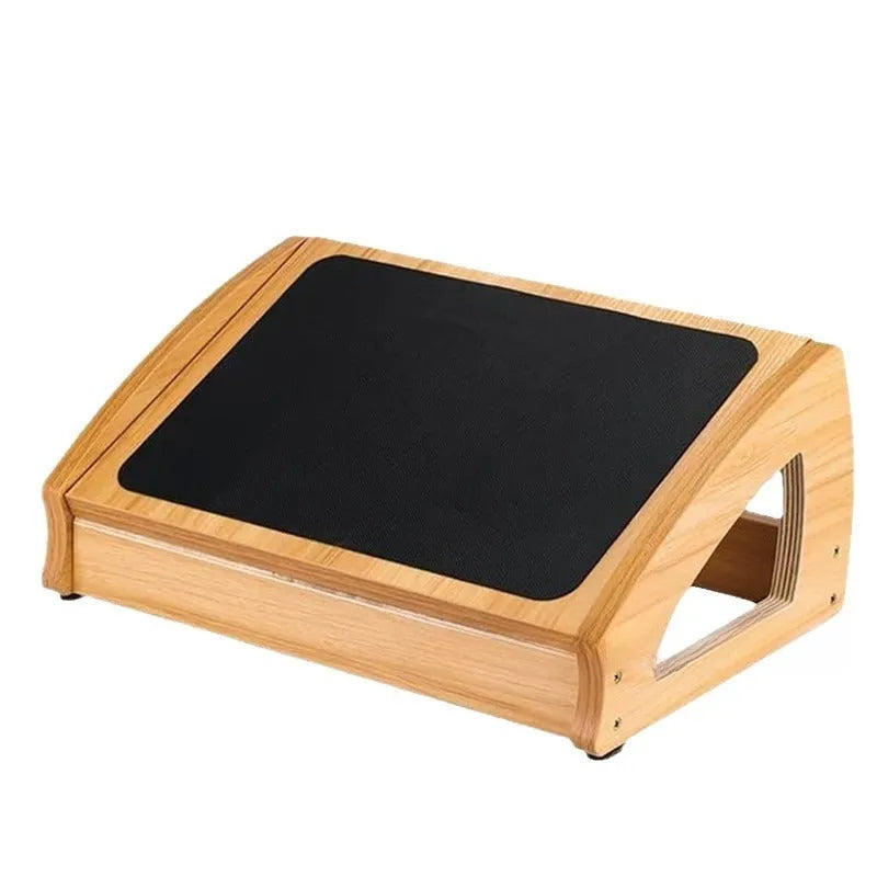 Wooden bamboo office desk footstool in natural wood colour for adult ergonomic seating support