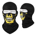 Motorcycle skull mask in Bakool silk fabric showing various design options like smiling skeleton and roaring lion.