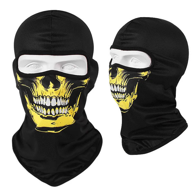 Motorcycle skull mask in Bakool silk fabric showing various design options like smiling skeleton and roaring lion.
