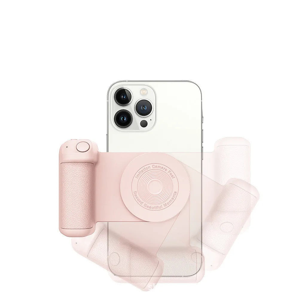 Black magnetic camera handle bracket holding smartphone with rotatable design and ergonomic grip