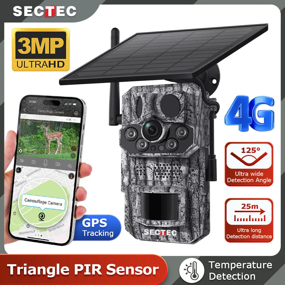 4G solar hunting camera with GPS positioning, IP65 waterproof housing, and 3MP 2K resolution lens mounted on a tree