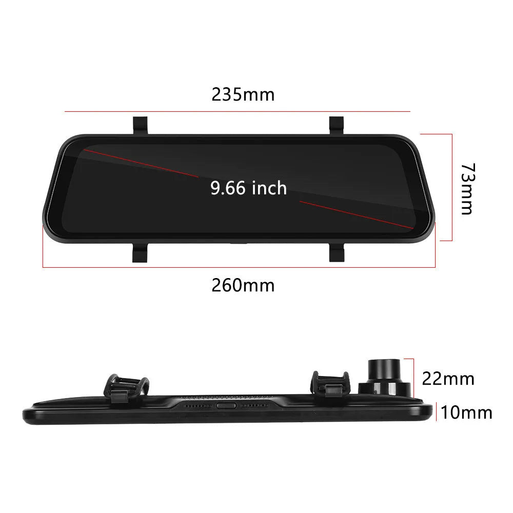 9.66-inch black car dash cam mirror with touch screen, showing split-screen display for front and rear camera feeds.